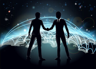 Fototapete - Silhouettes of businessmen shaking hands in front of world map with network or international trade lines
