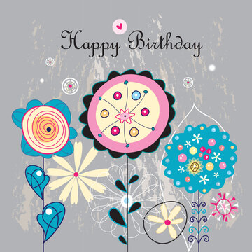 colorful greeting card with flowers and hearts on a dark brown background