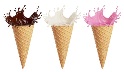 set of Chocolate,vanilla and strawberry splash of Ice cream cone flavor with clipping path, 3d illustration.