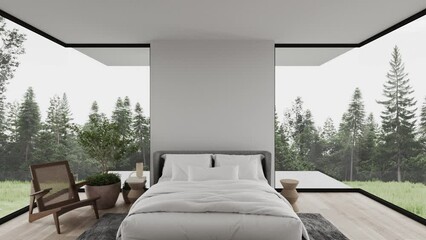 Wall Mural - 3d animation video,  Forest view white bedroom scandinavian minimalist room interior design 3d render with large windows plants and wooden floor