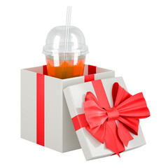 Poster - Plastic transparent disposable cup with drink inside gift box, 3D rendering
