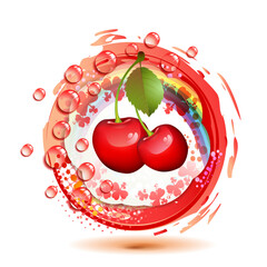 Wall Mural - Ripe cherry with leafs and drops