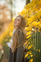 Wall Mural - Beautiful young woman on a background of colorful golden foliage in an autumn park. Attractive woman with light brown hair in a gray coat near the fence and bushes with yellow leaves. Fall season.