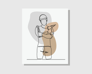 Wall Mural - Continuous single one line drawing art of mechanic man holding mechanic tools wearing uniform and helmet