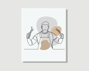 Wall Mural - Continuous single one line drawing art of mechanic man holding mechanic tools wearing uniform and helmet