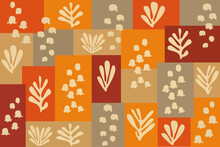 Matisse Inspired Art. Groovy Abstract Leaf N Lily Of Valley Flower. Floral Doodle Shapes In Trendy Naive Retro Hippie Style. Botanic Vector Illustration In Red,orange,beige And Gray Color.