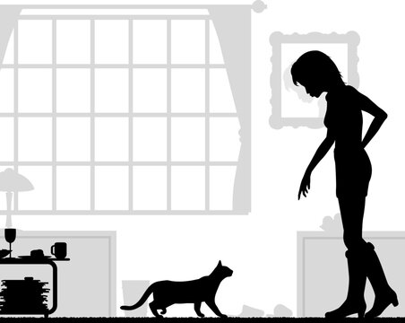 Editable vector silhouettes of a woman and cat at home