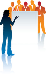 Fototapete - Woman standing in front of a poster, and a group of businesspeople is behind the poster