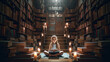 Little girl sitting in lotus pose in library among bookcases and shelves with books, dreamlike love for reading books, little girl bookworm wants to develop an imagination with reading, generative AI