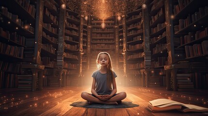 Little girl sitting in lotus pose in library among bookcases and shelves with books, dreamlike love for reading books, little girl bookworm wants to develop an imagination with reading, generative AI