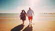 Happy couple with obesity walks along seacoast at sandy beach, beautiful sunlight with fresh air on seashore, very fat body positive couple not shy and walking outdoor, generative AI