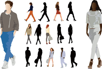 Fototapete - Group of elegant dressed in fashion clothes young people. Long legs and perfect body proportions. Vector color illustration on white.