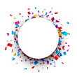 White round frame with colorful foil confetti.