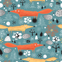 Sticker - New seamless pattern with foxes on a dark background with snowflakes