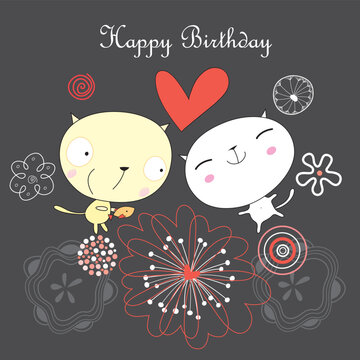 Bright fun greeting card with kittens on a dark background with flowers