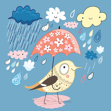 Funny Bird Under An Umbrella On A Blue Background With Clouds And Rain