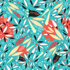 Poster - seamless pattern of autumn leaves on a green background