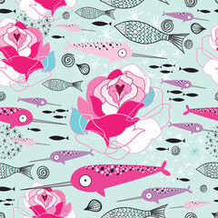 Poster - seamless graphic floral pattern with fish and narwhal on a green background