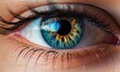  a close up of a blue eye with a reflection of the sky in it.  generative ai