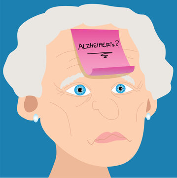 Memory loss or mental illness concept: cartoon of senior woman with sad face and pink sticky note with alzheimer's and question mark handwritten placed on forehead