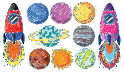 Wall Mural - rocket and planets in pencil colour sketch simple style