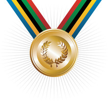 Olympics Games Gold Medal With Ribbons In The Colors Which Represents The Five Continents On White Background. Vector File Layered For Easy Manipulation And Customisation.
