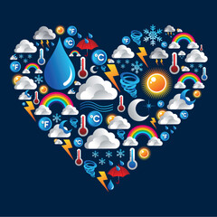 Wall Mural - weather icons set in love heart shape over blue background. vector file layered for easy manipulatio