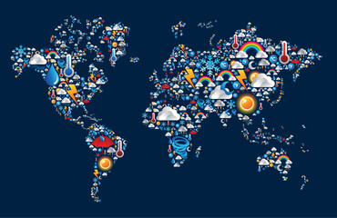 Wall Mural - Set Weather icons in Earth world map over blue background. Vector file layered for easy manipulation and custom coloring.