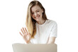 © muse studio - Woman online video call waving hand gesture hello. Transparent background, isolated.