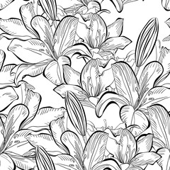 Poster - Seamless pattern with white lily flowers