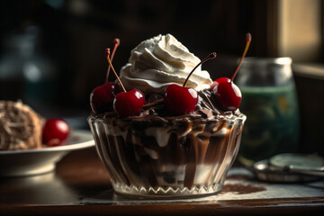 Wall Mural - Close-up view of chocolate sundae with whipped cream and a cherry on top. AI generated