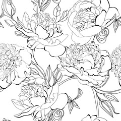 Poster - Monochrome seamless pattern with Peony flowers
