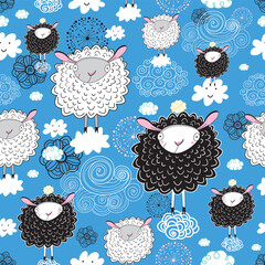 Poster - seamless pattern of sheep on a blue background with clouds