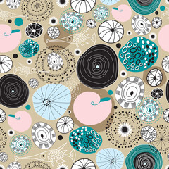 Poster - Marine seamless abstract pattern on a brown background with shells and fish