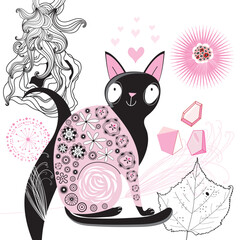 Poster - Greeting card with happy cat on the background of the plant