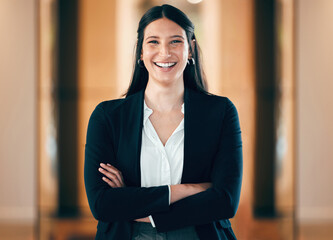 Aufkleber - portrait, smile and arms crossed with a corporate business woman in her professional workplace. happ