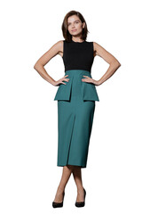 Wall Mural - A modern business woman is an employee in the office in a green skirt, a stylish man in formal clothes. Transparent background, png.