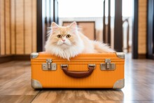 A Fluffy Cat Sits On Travel Suitcase, Eagerly Awaiting Its Journey To The Airport. Theme Of Holiday Adventure And Vacation. Retro Concept, Vintage Suitcase. Ai Generated Digital Design. 