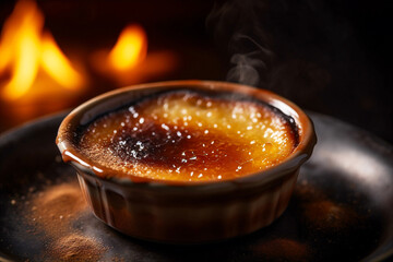 Wall Mural - Bowl of silky smooth creme brulee with crisp caramelized sugar topping. AI generated