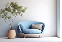 Cute Blue Loveseat Sofa Or Snuggle Chair And Pot With Branch. Interior Design Of Modern Living Room With White Wall With Copy Space. Created With Generative AI