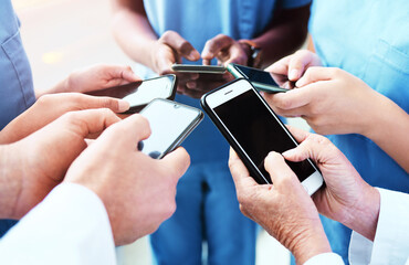 Poster - Phone, team hands and doctors for contact us, communication and workflow or teamwork online. Medical, healthcare and circle of surgeon, nurses or group of people typing on smartphone for web 3.0 chat