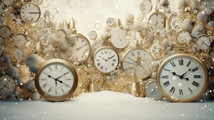 Watch showing different time. Many clocks filling background. Xmas greeting card design. Generative AI. Illustration for banner, poster, cover, postcard, brochure or presentation.