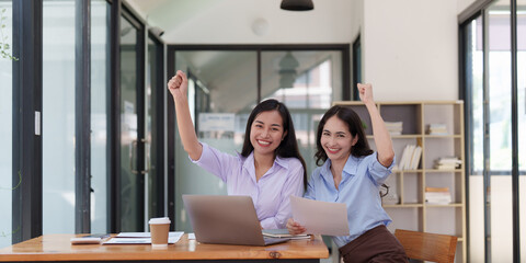 Diverse Happy Business people celebrating success at company, teamwork, triumph, victory, achievement concept