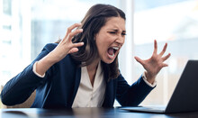 Business, Woman And Angry Is Shouting At Computer With A Problem Or Frustrated At Company With Entrepreneur. Female Professional, Anger And Laptop With Screaming, Stress At Office With Online Work.