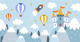 Fototapeta Dziecięca - Kids landscape with air balloons. Rocket and castle in mountains. Imagination and fantasy. Beautiful natural panorama. Forest and snowcape cliffs. Cartoon flat vector illustration