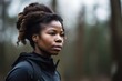 fitness, exercise and thinking with a black woman outdoor for training, cardio or motivation, created with generative ai