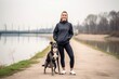 © Natalia - cute, active and fit young woman standing with a dog while on an outdoor run or workout, created with generative ai