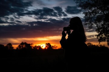 Sticker - silhouette of a young woman taking pictures at sunrise, created with generative ai