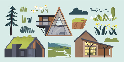 Set of moddern cottages on nature. Real estate and private property. Beautiful houses and buildings next to trees, landscape elements. Cartoon flat vector collection isolated on blue background