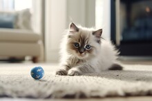 Ragdoll Kitten Is Playing With Toys And Balls In A Bright Living Room Of A Cozy Apartment.